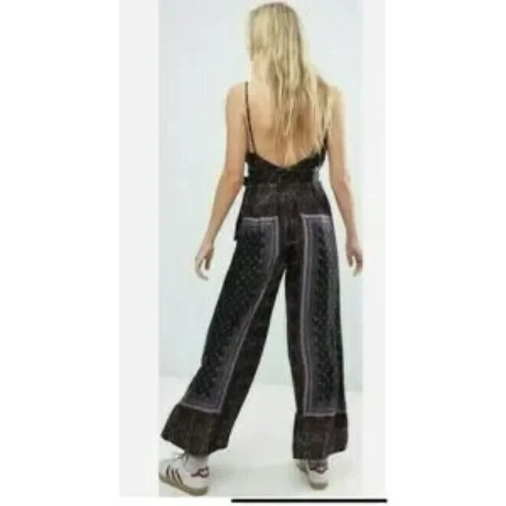 Free People Cabbage Rose‎ Silky Satin Jumpsuit 2 Wrap Top Wide Leg Boho Paisley